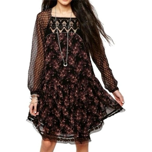 Free People Elsie Lace Chiffon Dress in Midnight Garden - XS Small - Picture 5 of 16